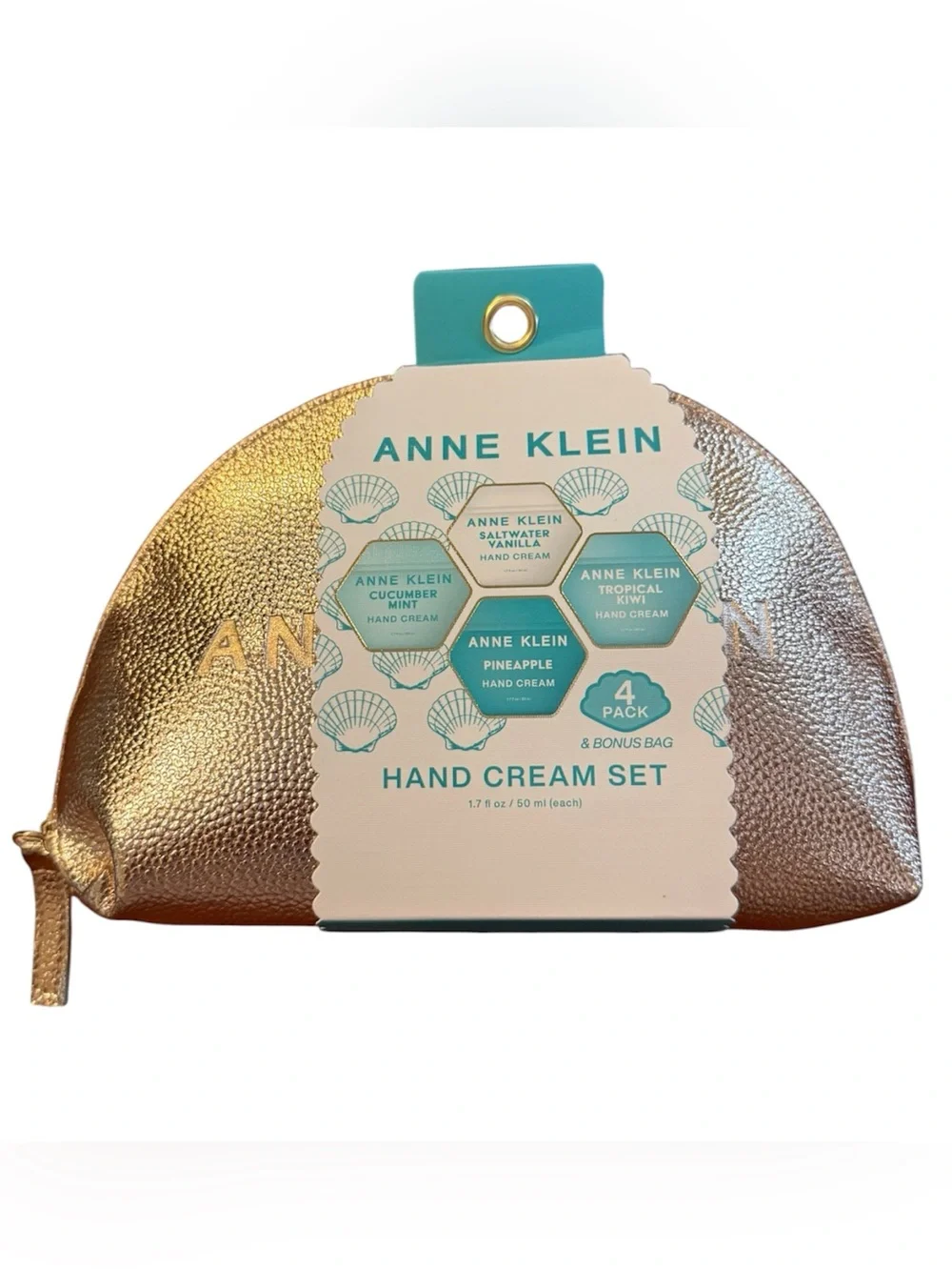 Anne Klein Metallic Rose Gold Cosmetic Pouch with Hand Cream Set